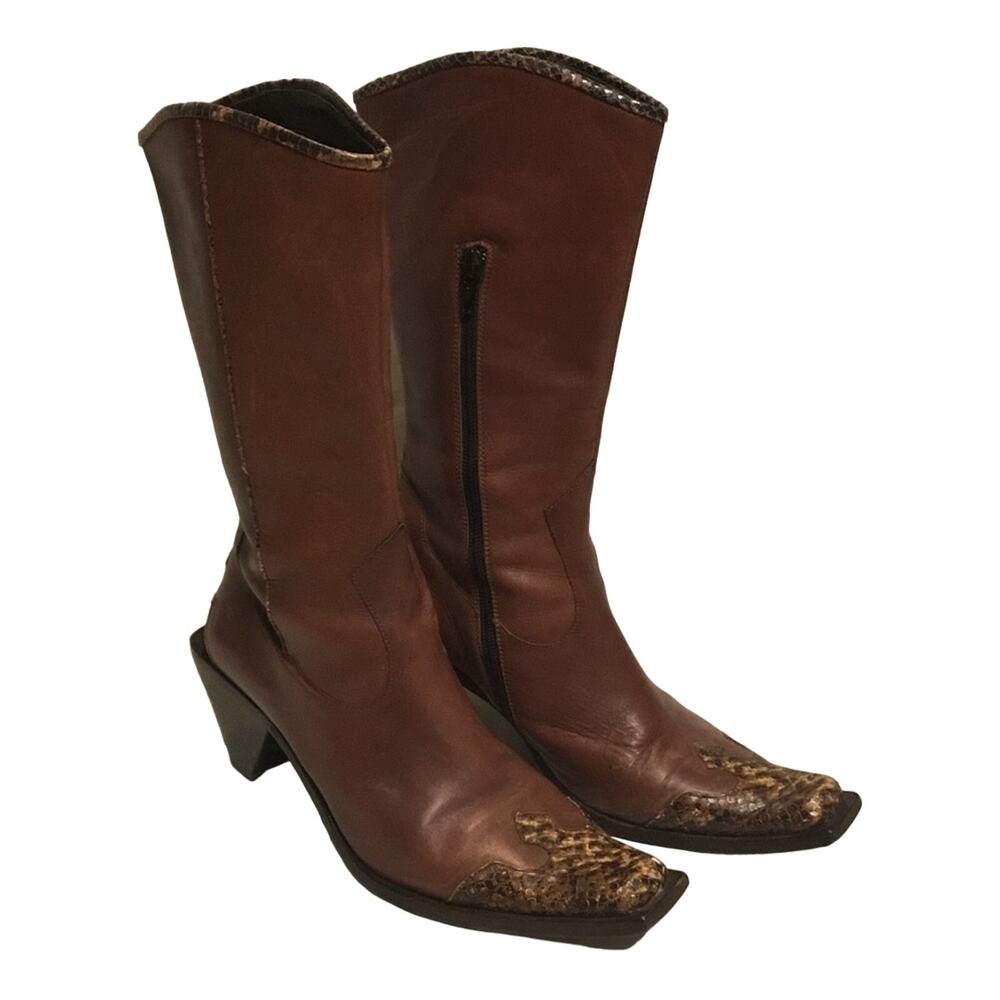 Enzo Angiolini Morisa Brown Leather Snakeskin Cowboy Western Boots